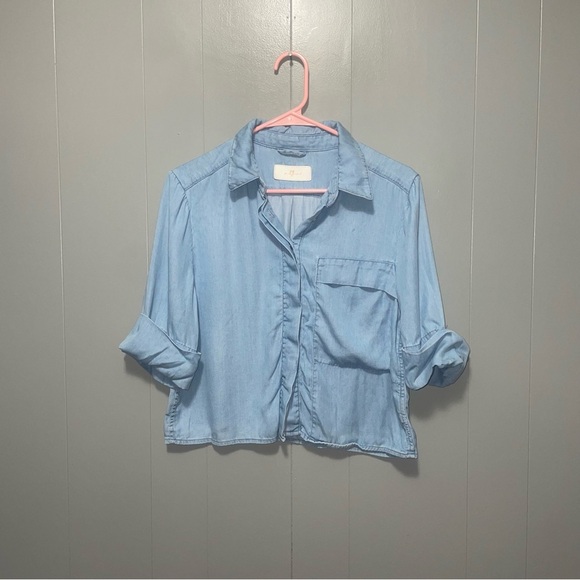 7 For All Mankind Blue Chambray Crop Button Down Blouse Small - Picture 1 of 7